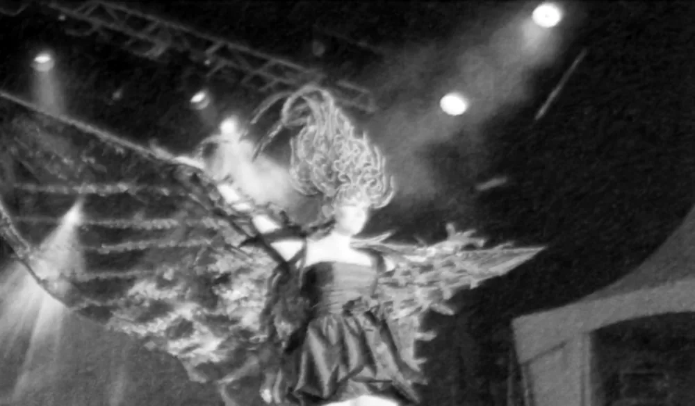 Noir et blanc : interprète de trois quarts en costume à plumes, coiffe bouclée et ailes ouvertes, dans la fumée de scène.